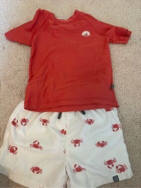 Kids Red Rash Guard & White Crab-Print Swim Trunks